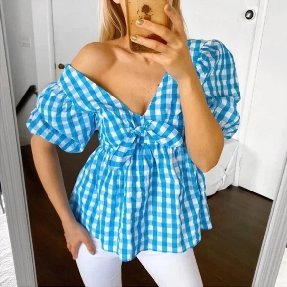 NEW Lilly Pulitzer Blue Gingham Off-Shoulder Puff Sleeve Top 0